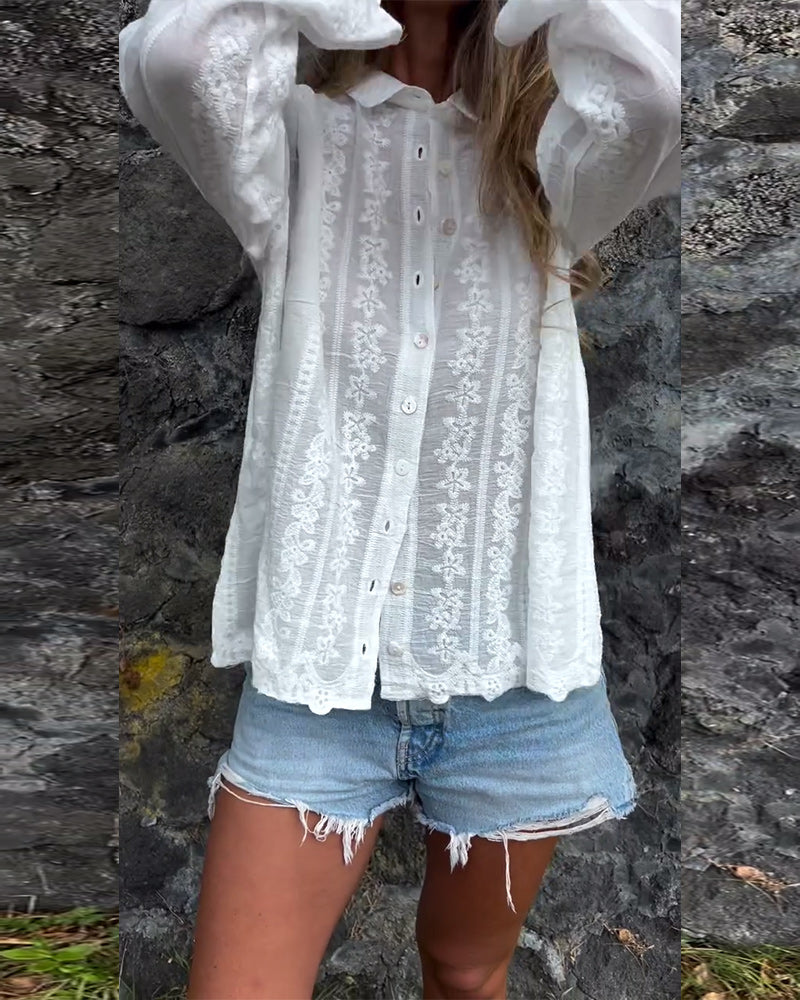 Women’s cotton button-up shirt with embroidery and dropped shoulders
