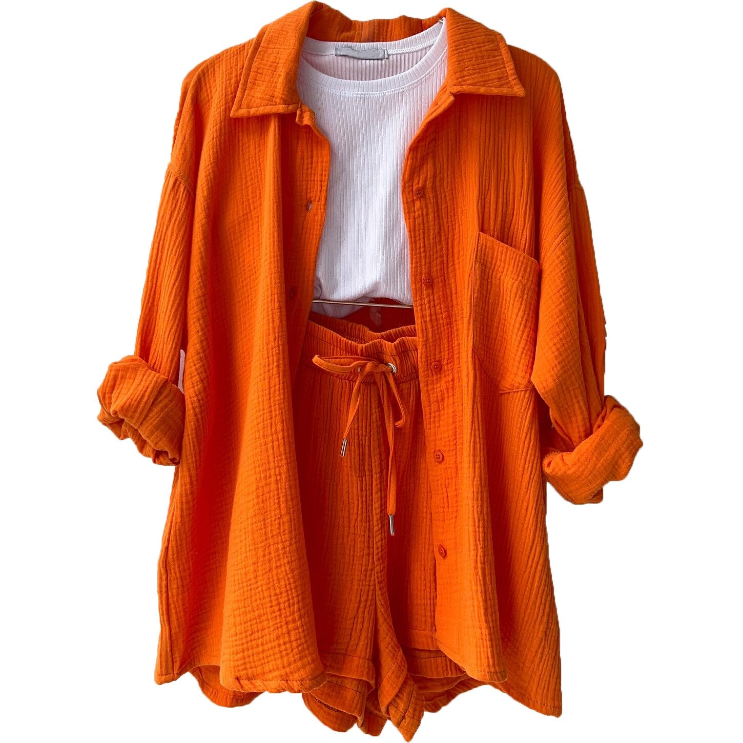 Women’s cotton two-piece summer set with shirt top and shorts for casual comfortable warm weather wear