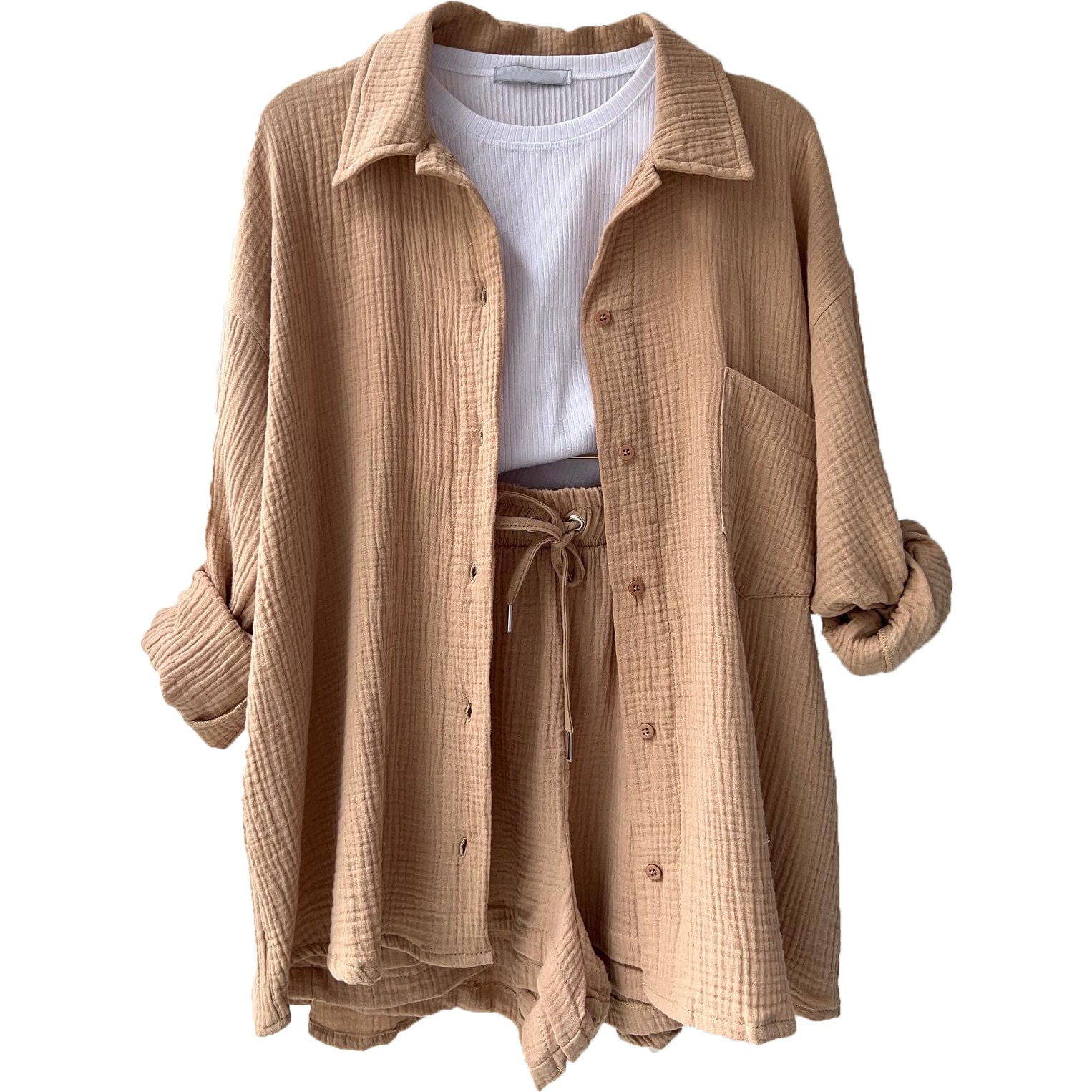 Women’s cotton two-piece summer set with shirt top and shorts for casual comfortable warm weather wear