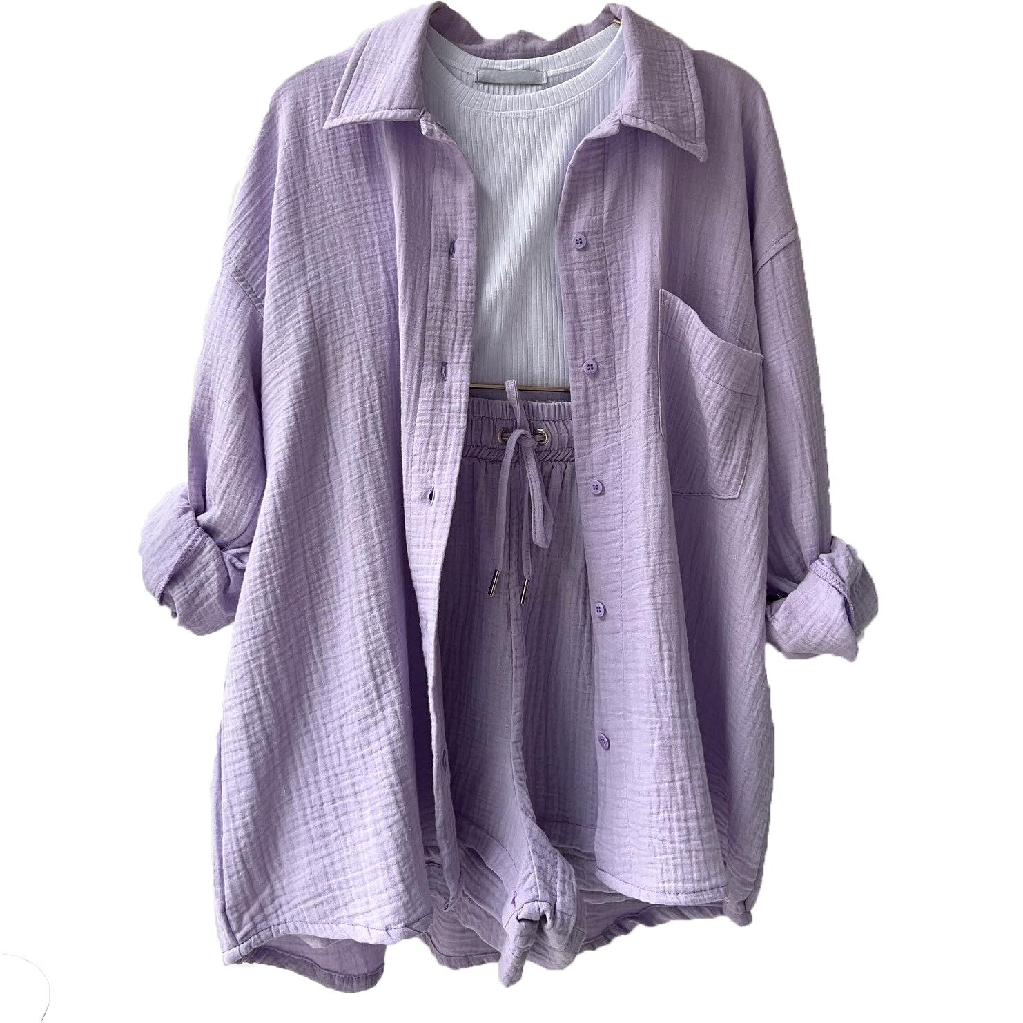 Women’s cotton two-piece summer set with shirt top and shorts for casual comfortable warm weather wear