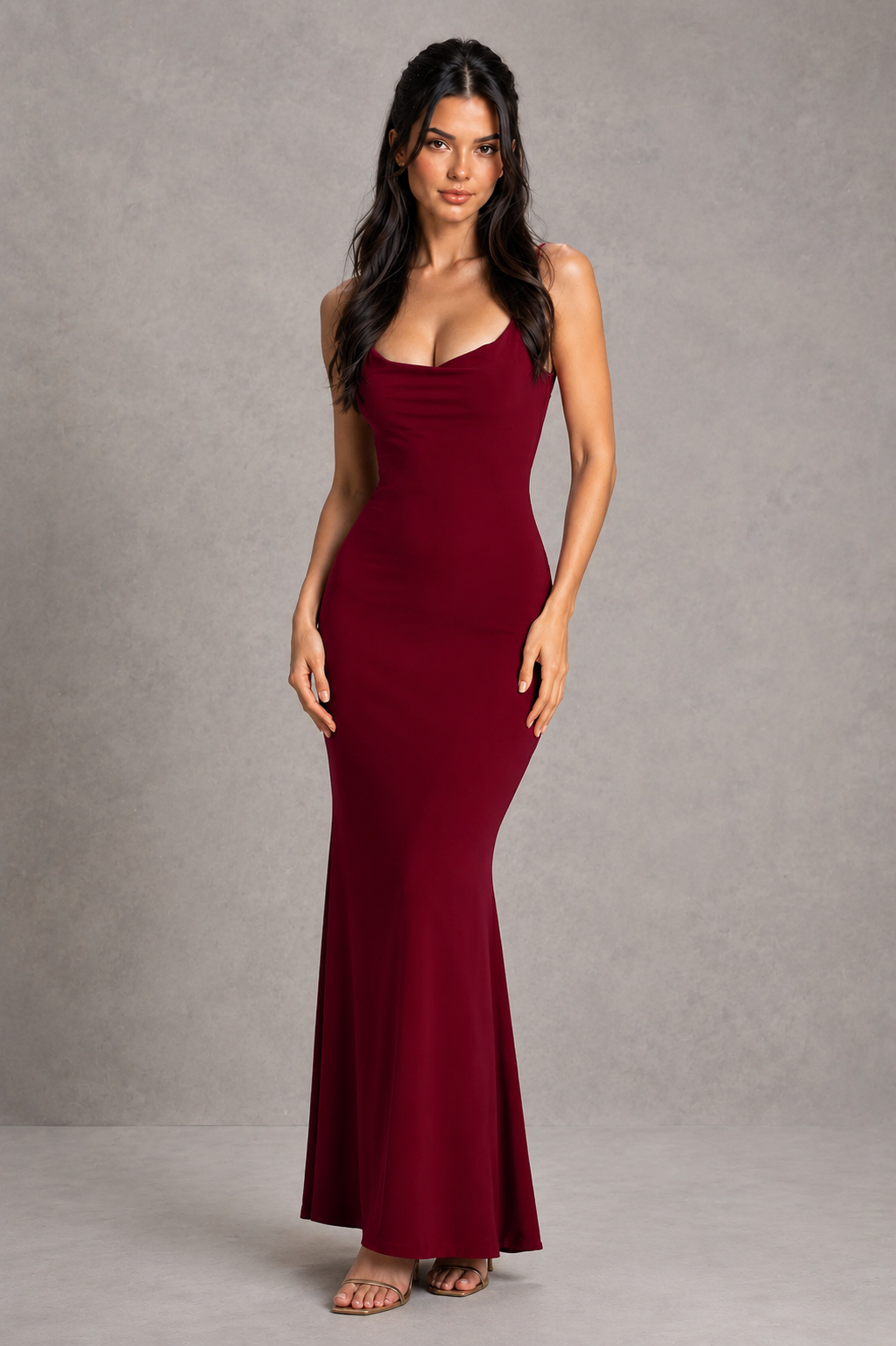 Women's elegant cowl neck maxi dress in premium stretch jersey featuring a draped neckline, open back, delicate lace trim, adjustable straps, and a fitted silhouette with a flowing floor-length skirt, ideal for evening events, formal occasions, and special celebrations.