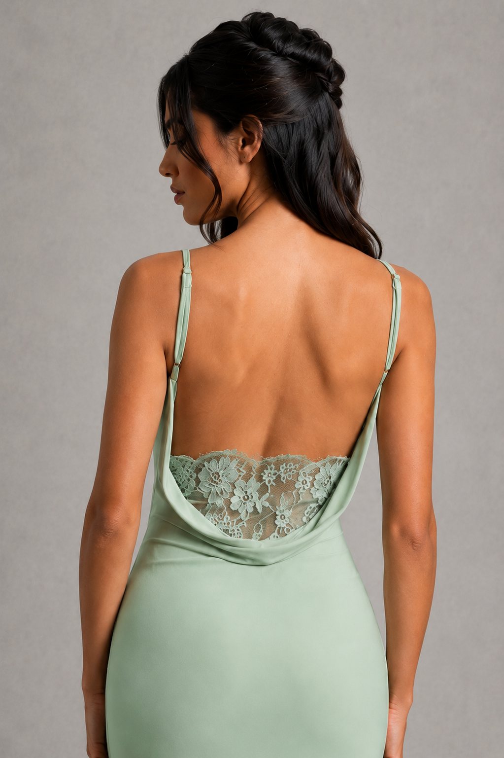 Women's elegant cowl neck maxi dress in premium stretch jersey featuring a draped neckline, open back, delicate lace trim, adjustable straps, and a fitted silhouette with a flowing floor-length skirt, ideal for evening events, formal occasions, and special celebrations.