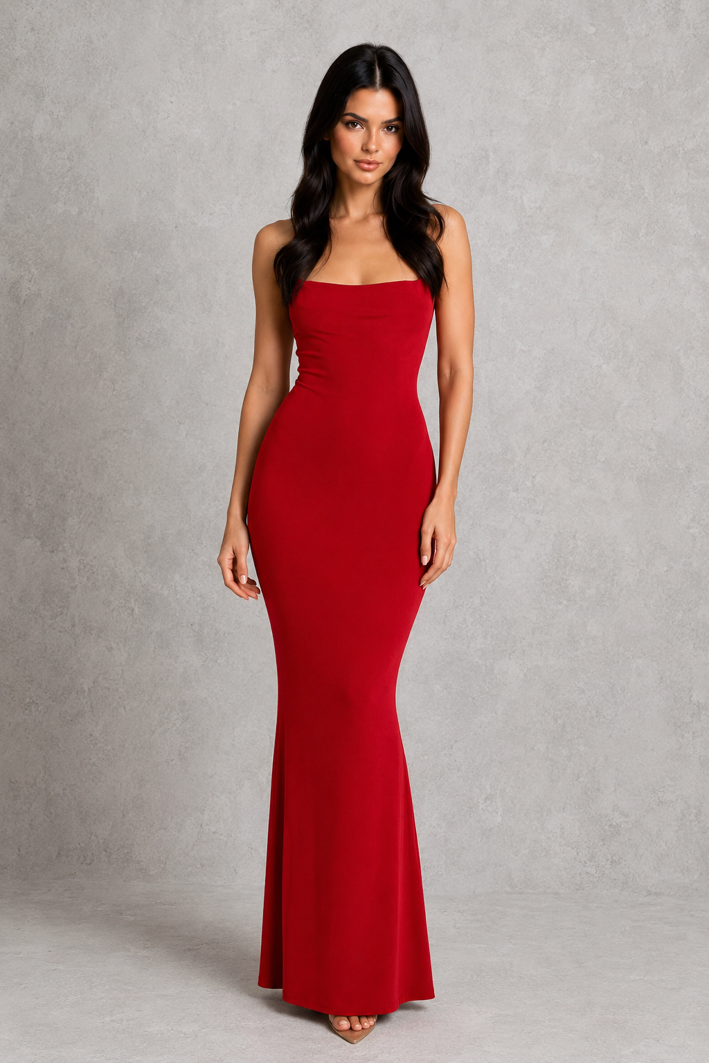Women's cowl neck maxi dress in premium textured jersey featuring a figure-hugging silhouette, elegant draped neckline, dramatic open low-back design with adjustable tie straps, and floor-length hem for formal evening occasions.