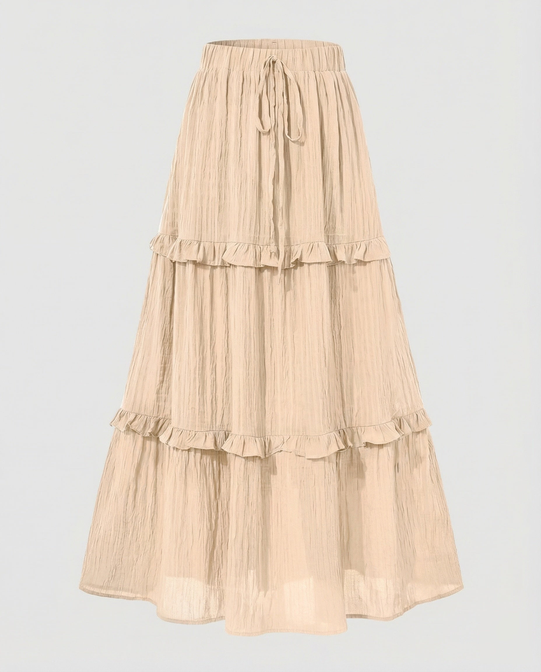 Women’s crinkle tiered maxi skirt with elastic waistband and drawstring