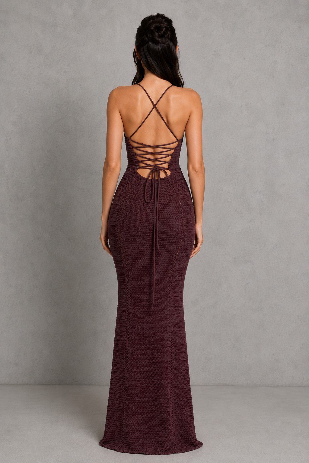 Women's crochet knit maxi dress featuring structured triangle cups, body-contouring silhouette, and an open lace-up back with crossover straps. Elegant bohemian-inspired design in a lightweight textured knit, ideal for evening events, vacations, and resort wear.