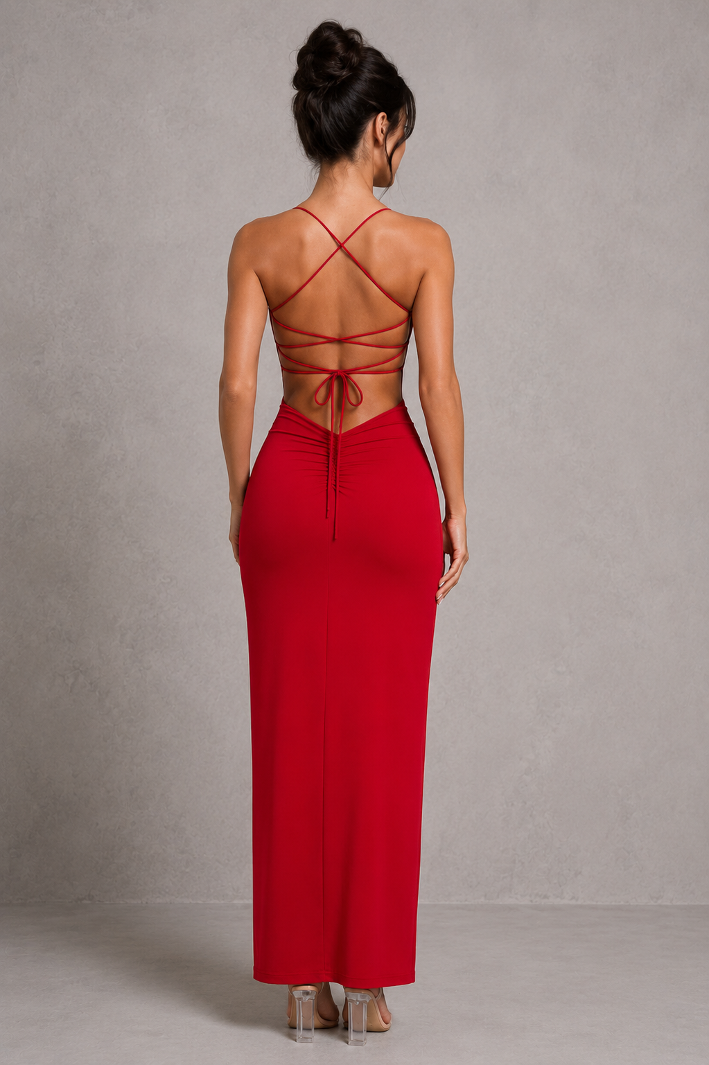 Womenโs cross back maxi dress with front leg split, figure-hugging silhouette, low V-back, and criss-cross tie detail, designed for elegant evening events, formal occasions, and special celebrations.