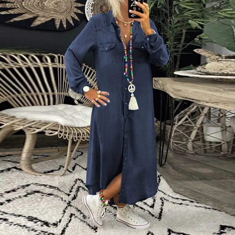 Women wearing a denim boho button front maxi dress with relaxed fit and pockets by Klyne Studios
