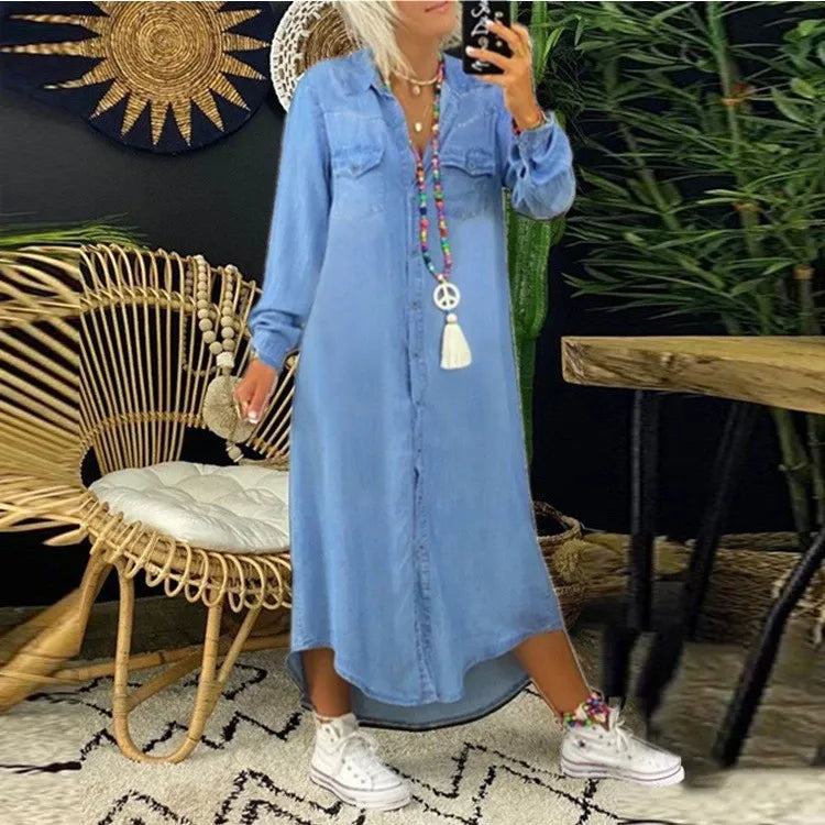 Women wearing a denim boho button front maxi dress with relaxed fit and pockets by Klyne Studios