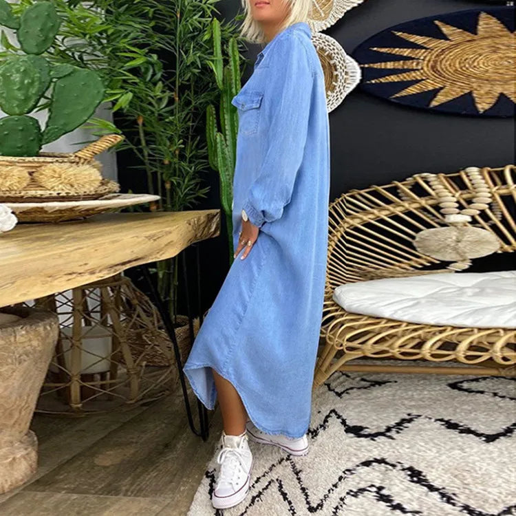 Women wearing a denim boho button front maxi dress with relaxed fit and pockets by Klyne Studios