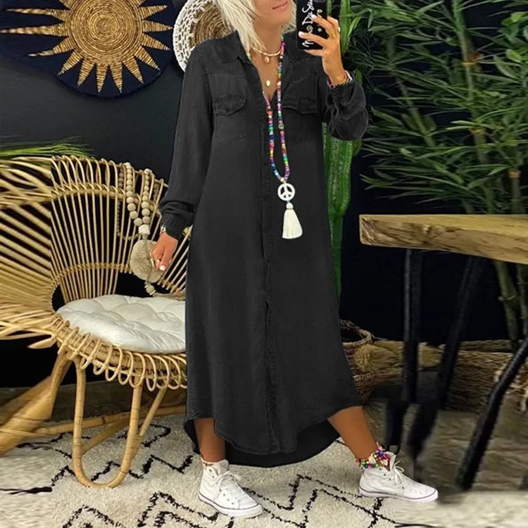 Women wearing a denim boho button front maxi dress with relaxed fit and pockets by Klyne Studios