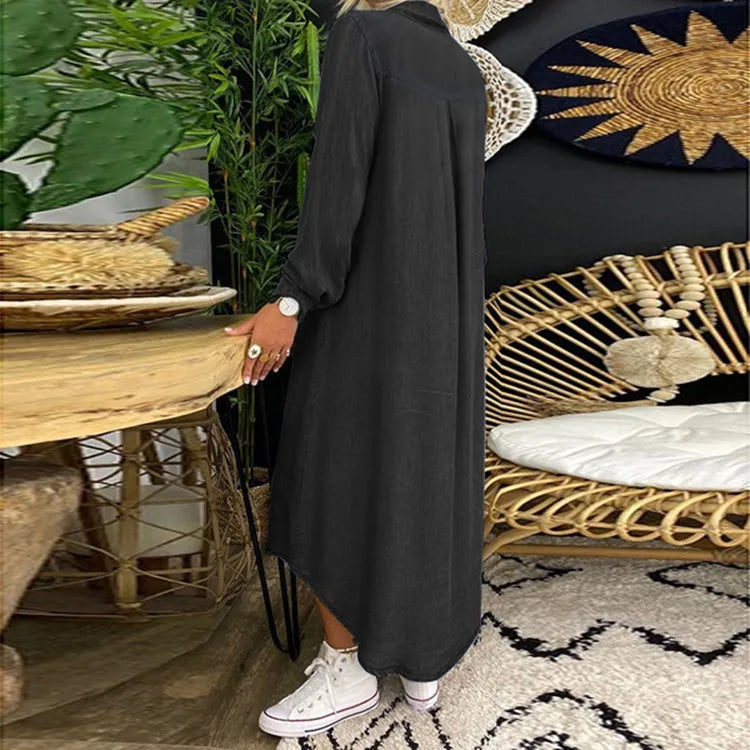Women wearing a denim boho button front maxi dress with relaxed fit and pockets by Klyne Studios