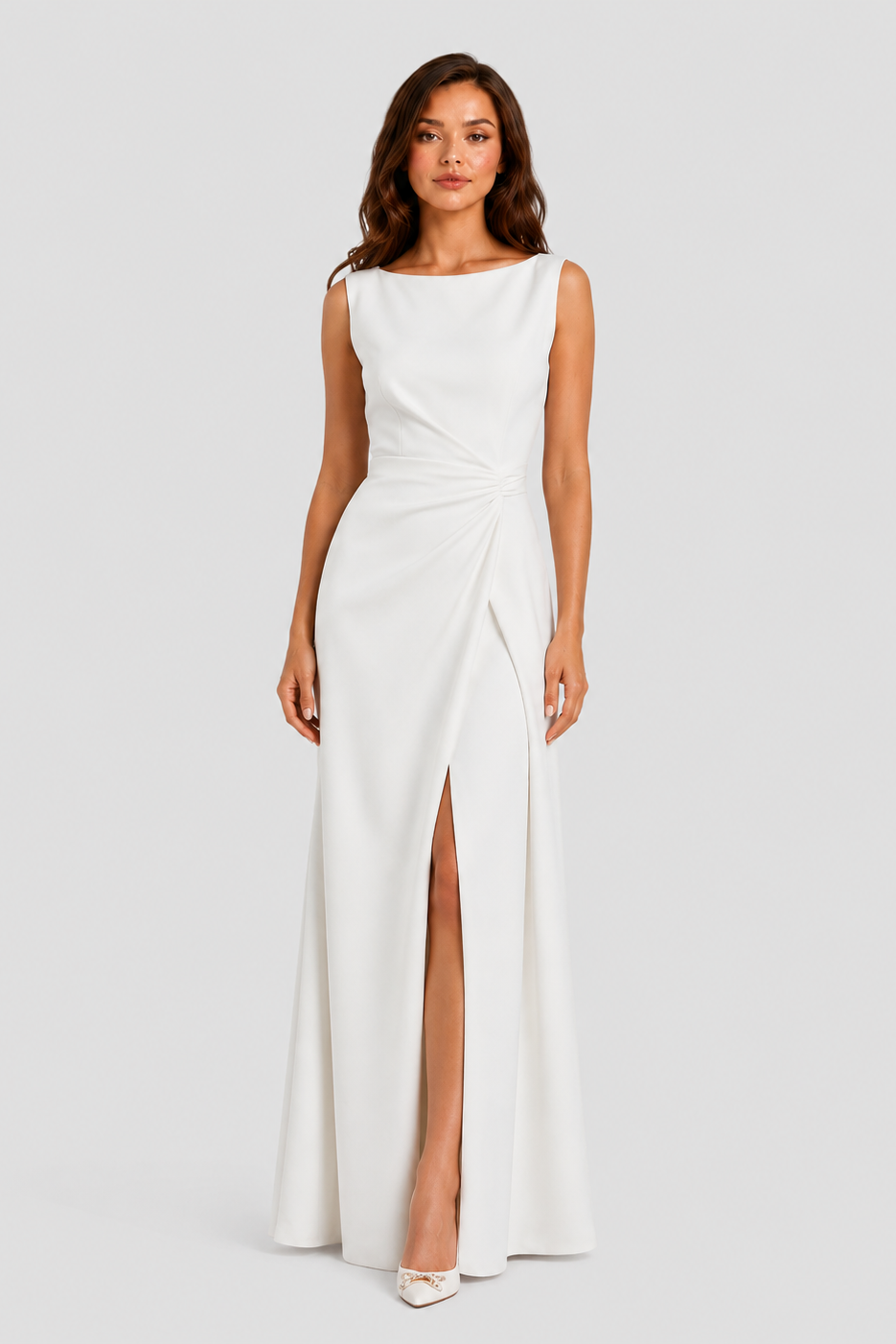 Women's sleeveless maxi dress featuring a boat neckline, draped waist detail, wrap-style front panel, and flowing silhouette for weddings and formal occasions.