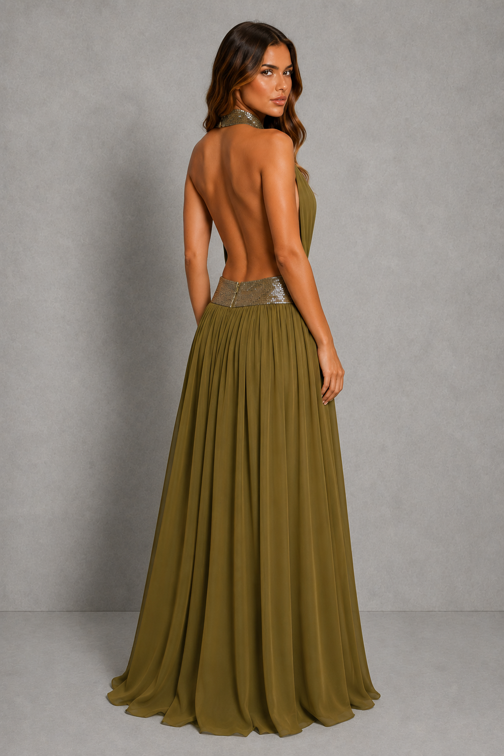 Womenโs embellished halter chiffon maxi dress with deep plunge neckline, beaded waistband, open back and flowing floor-length skirt.