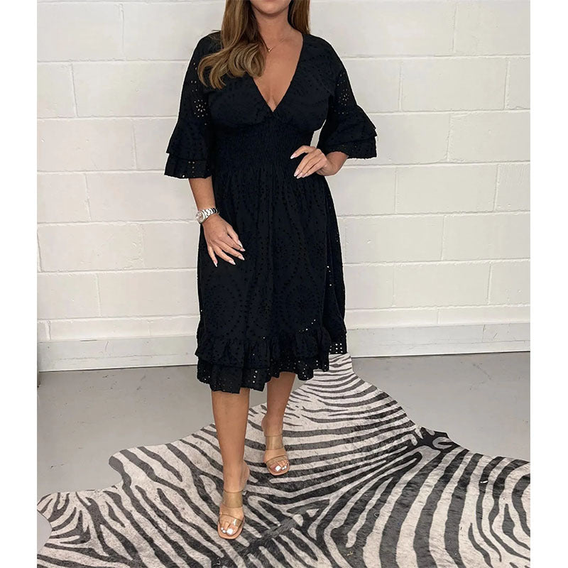 Women’s midi dress with anglaise embroidery, ruffles, and flowing sleeves