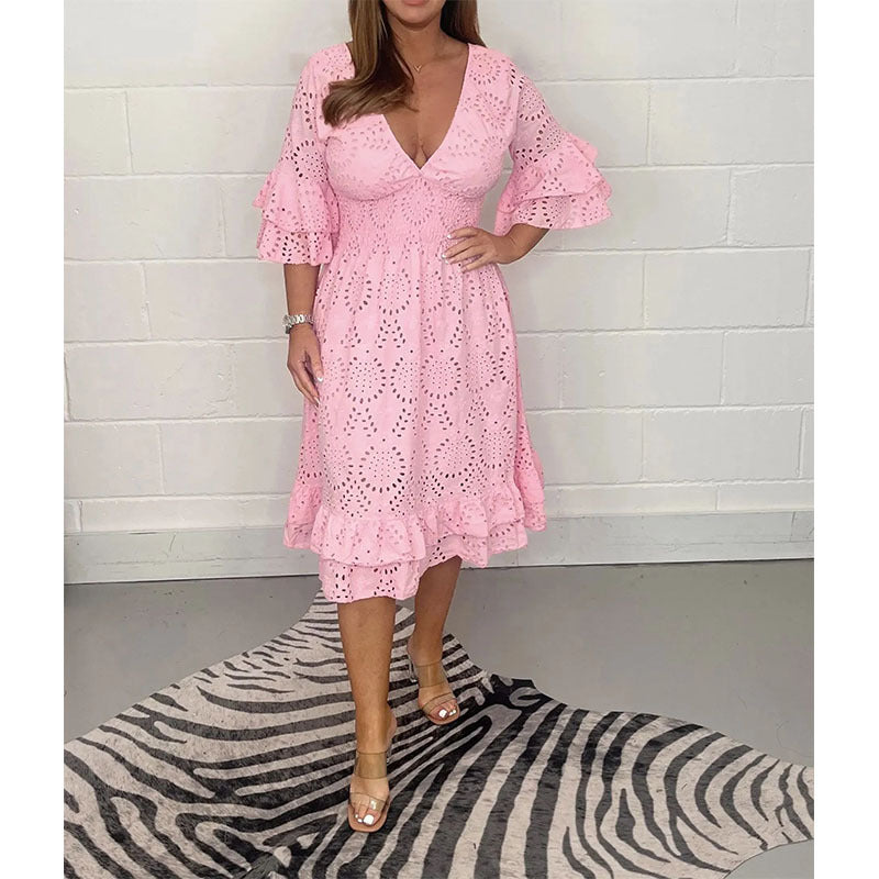 Women’s midi dress with anglaise embroidery, ruffles, and flowing sleeves