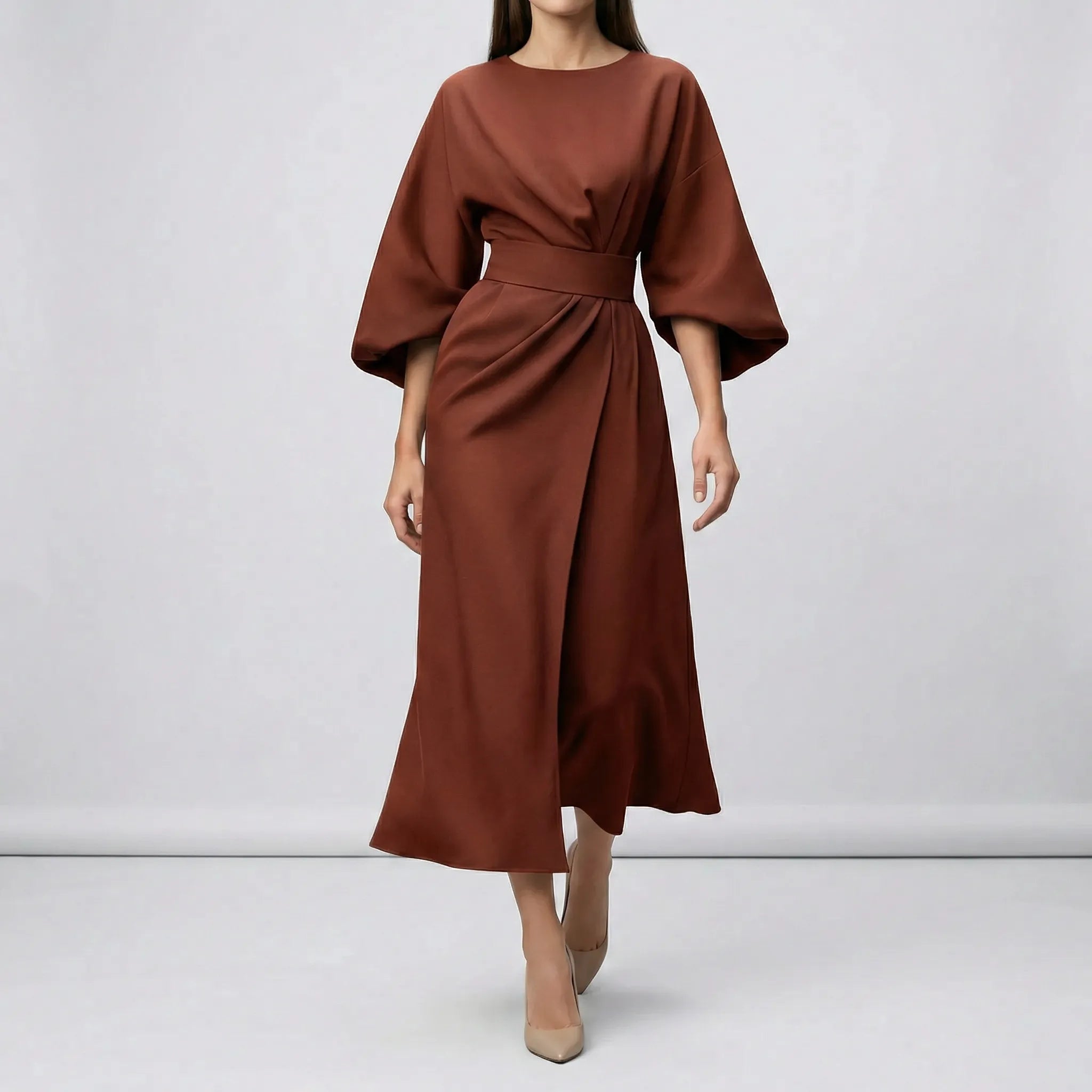 Women’s midi evening dress with lantern sleeves and tie waist belt