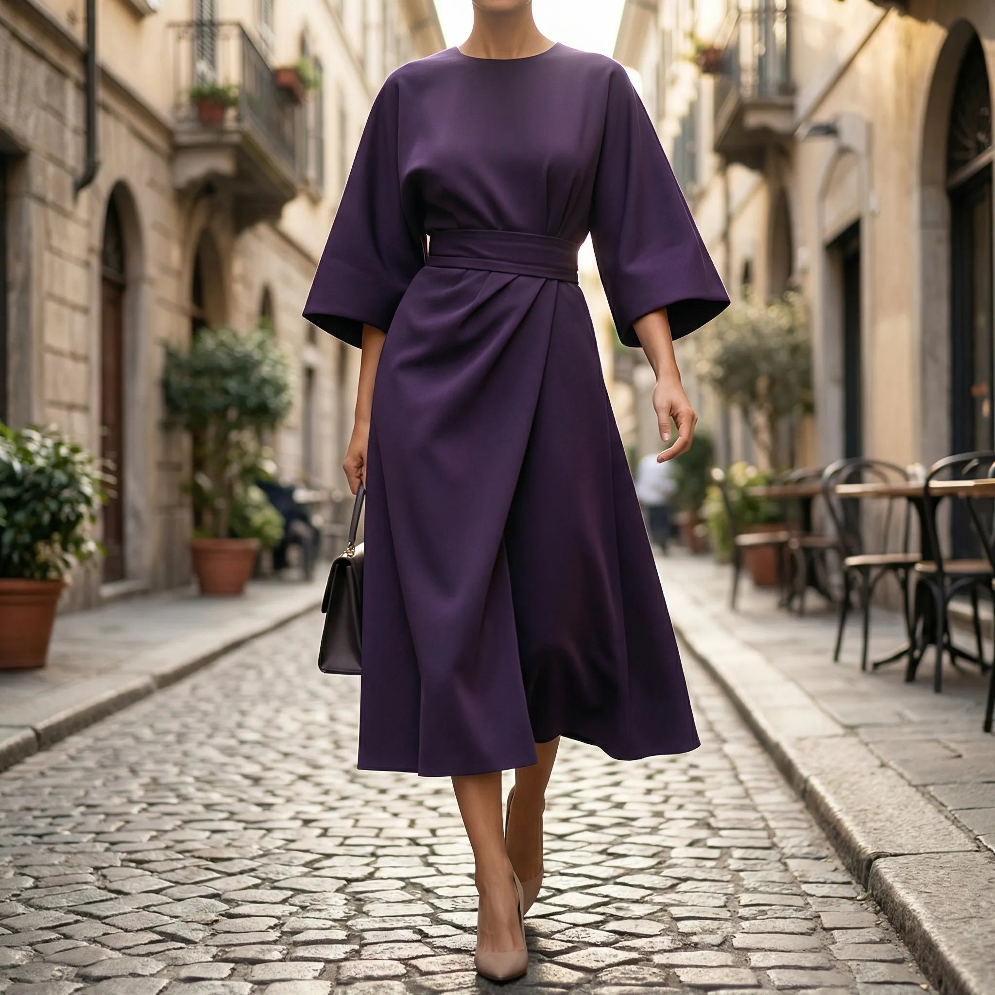 Women’s midi evening dress with lantern sleeves and tie waist belt
