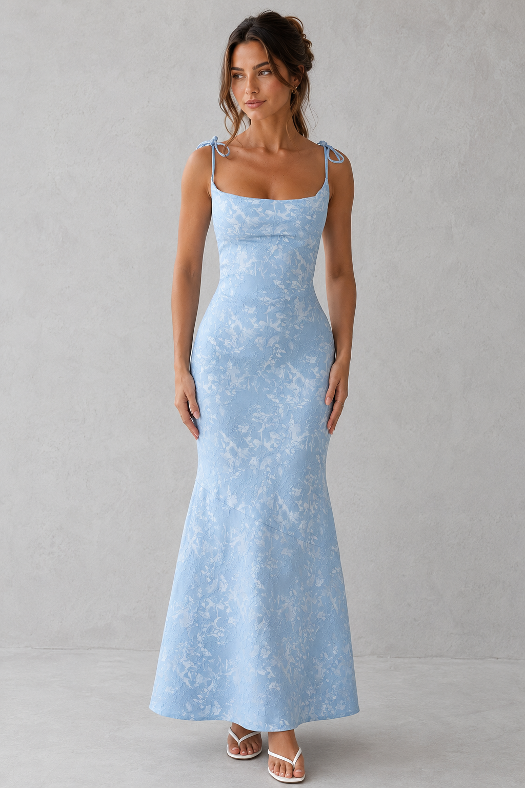 Women's floral jacquard maxi dress featuring a soft cowl neckline, adjustable tie shoulder straps, and a figure-skimming bias-cut silhouette. Elegant textured floral fabric creates graceful movement, making it ideal for evening events, weddings, formal occasions, and special celebrations.