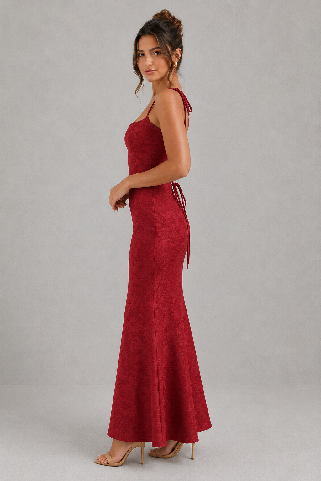 Women's floral jacquard maxi dress featuring a soft cowl neckline, adjustable tie shoulder straps, and a figure-skimming bias-cut silhouette. Elegant textured floral fabric creates graceful movement, making it ideal for evening events, weddings, formal occasions, and special celebrations.