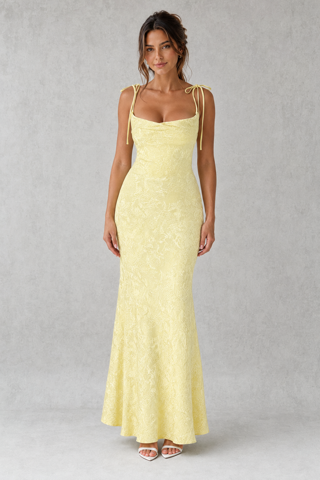 Women's floral jacquard maxi dress featuring a soft cowl neckline, adjustable tie shoulder straps, and a figure-skimming bias-cut silhouette. Elegant textured floral fabric creates graceful movement, making it ideal for evening events, weddings, formal occasions, and special celebrations.