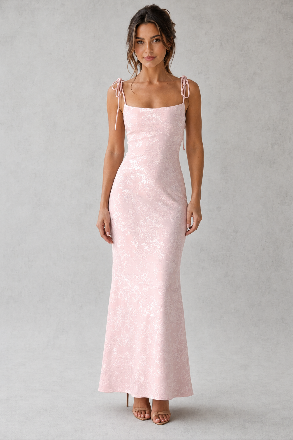 Women's floral jacquard maxi dress featuring a soft cowl neckline, adjustable tie shoulder straps, and a figure-skimming bias-cut silhouette. Elegant textured floral fabric creates graceful movement, making it ideal for evening events, weddings, formal occasions, and special celebrations.