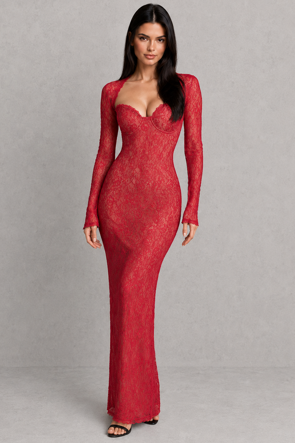 Woman wearing a floor-length floral lace maxi dress with a flattering V-neckline and long sleeves. The dress features delicate contrast lace detailing, semi-sheer accents, and a fitted waist that creates an elegant X-line silhouette. Designed for formal occasions, evening events, and special celebrations, the dress combines romantic floral lace with graceful movement and timeless sophistication.