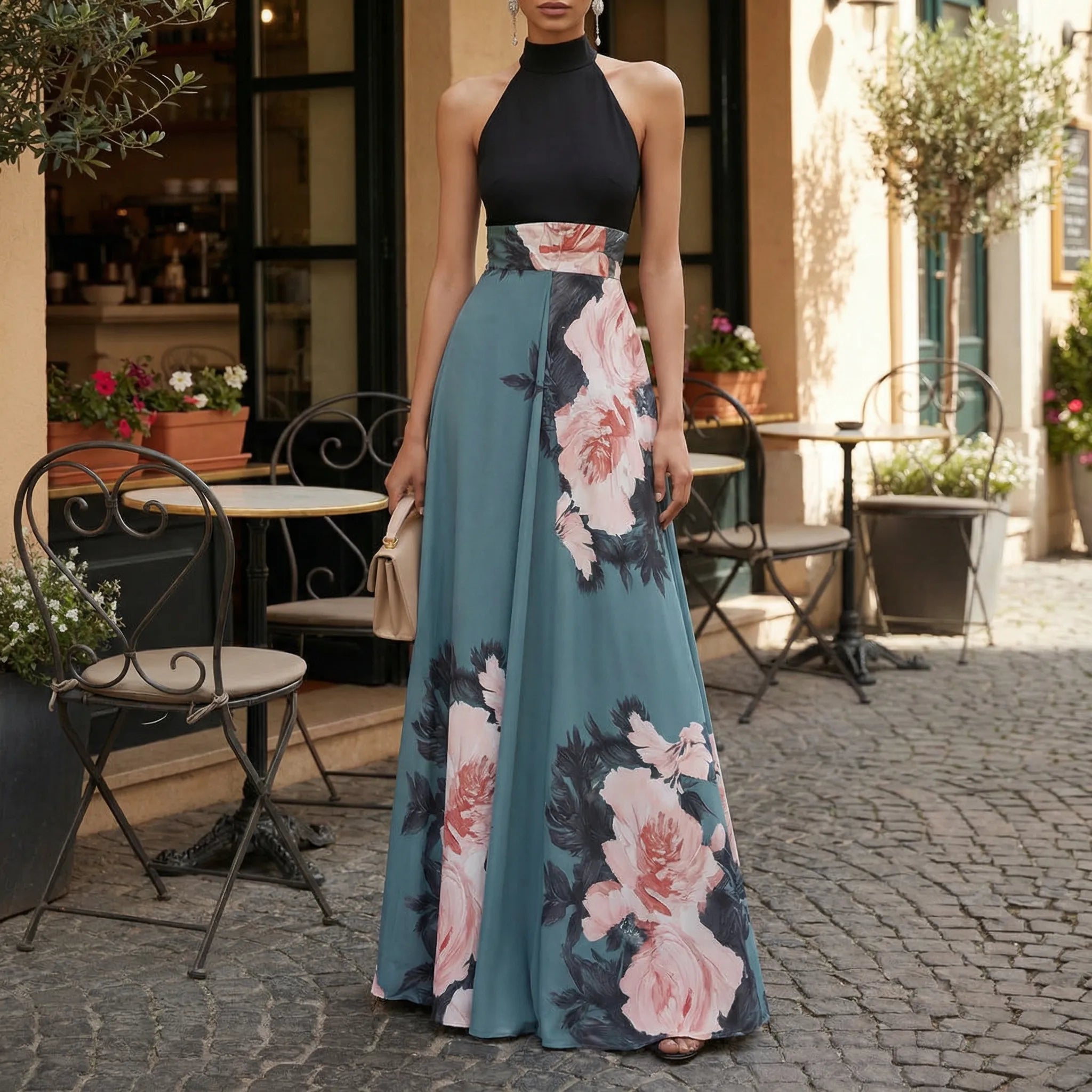 Women’s sleeveless floral maxi summer dress with round neckline