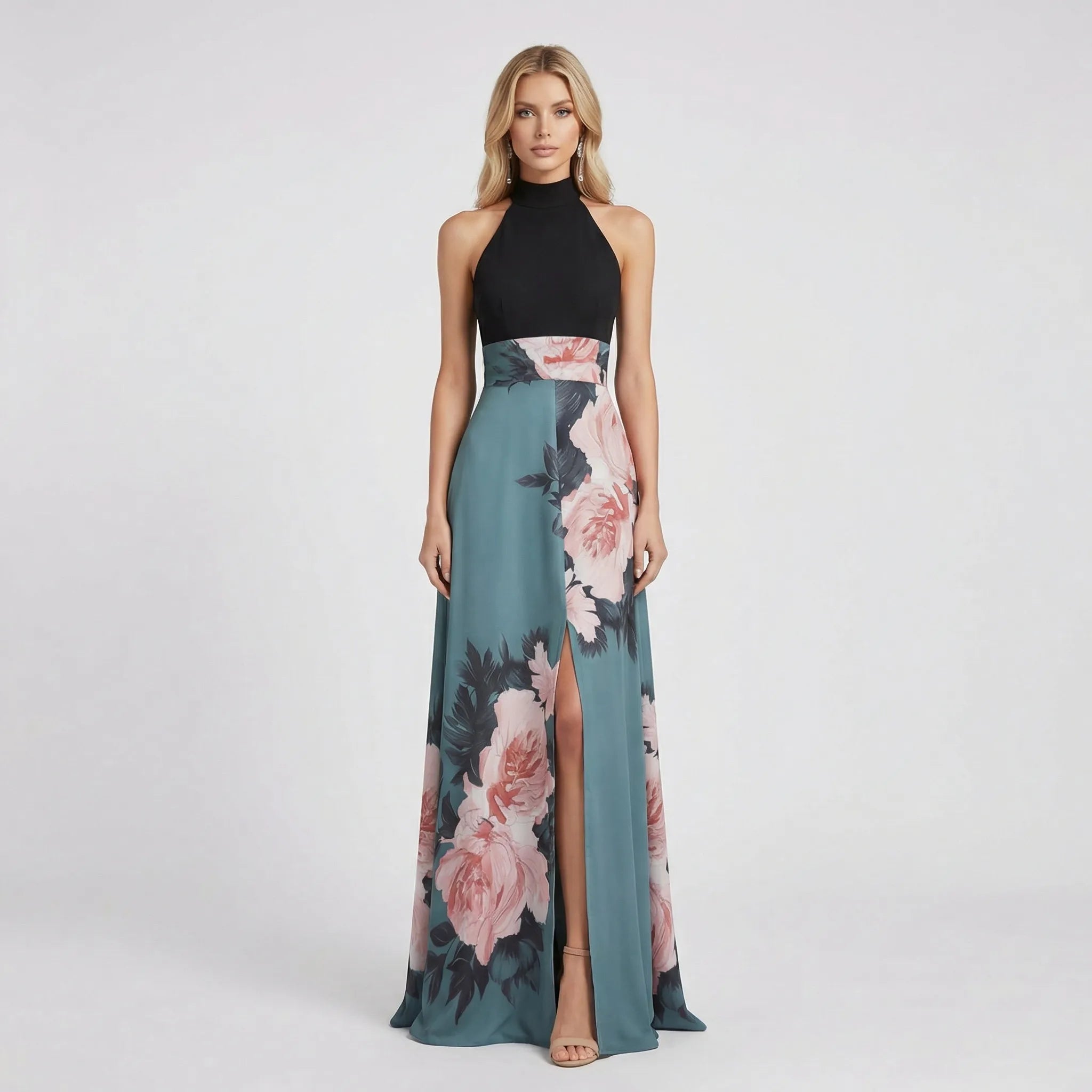 Women’s sleeveless floral maxi summer dress with round neckline