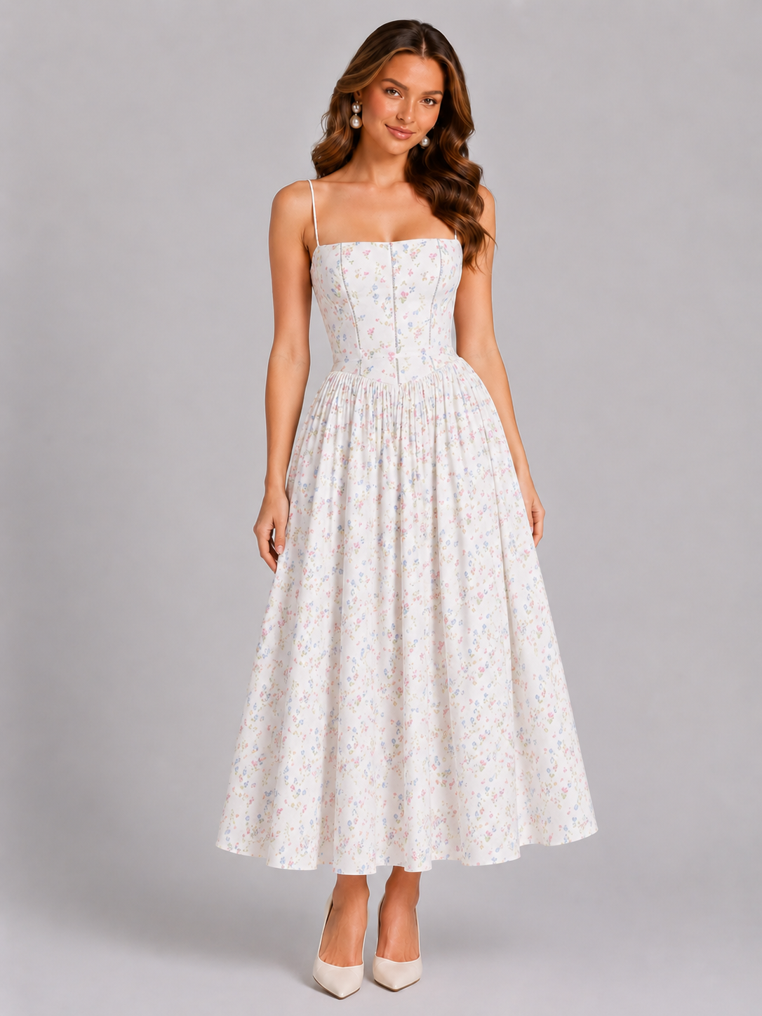 Women’s Floral Midi Dress with Fitted Bodice for Spring & Summer Occasions