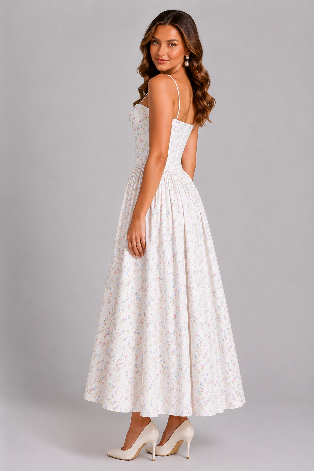 Women’s Floral Midi Dress with Fitted Bodice for Spring & Summer Occasions