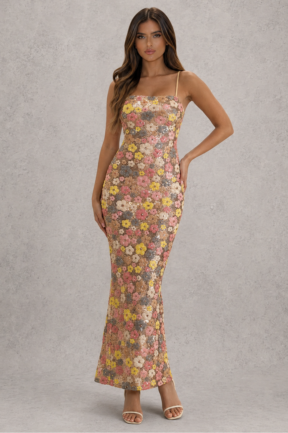 Women’s floral midi dress with a fitted bodice, adjustable lace-up back, and flowing flared midi-length skirt.