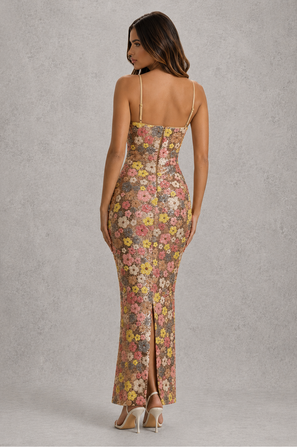 Women’s floral midi dress with a fitted bodice, adjustable lace-up back, and flowing flared midi-length skirt.