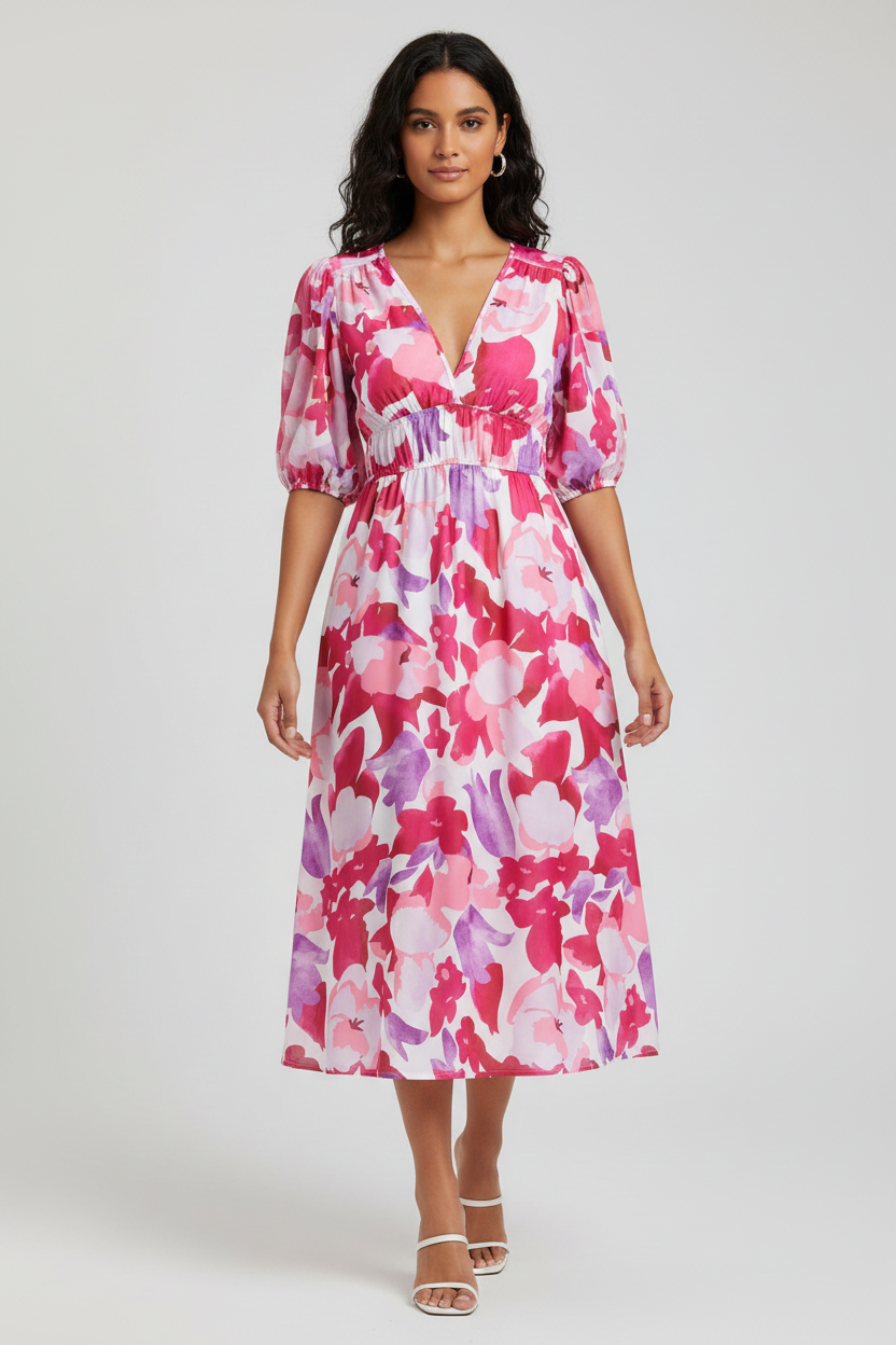 Women's floral midi summer dress by Klyne Studios featuring a relaxed silhouette, puff sleeves, and lightweight breathable fabric, ideal for casual outings, special occasions, and day-to-night wear.