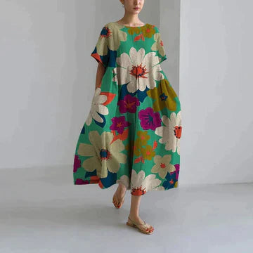 Womenโs floral print midi dress with flattering fit and soft fabric
