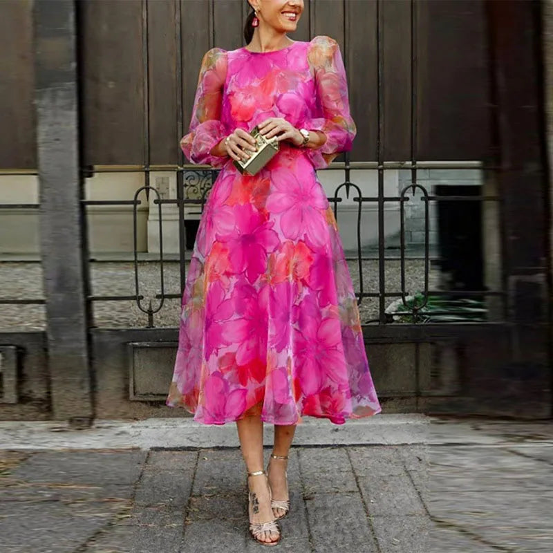 Women's floral midi dress with sheer puff sleeves