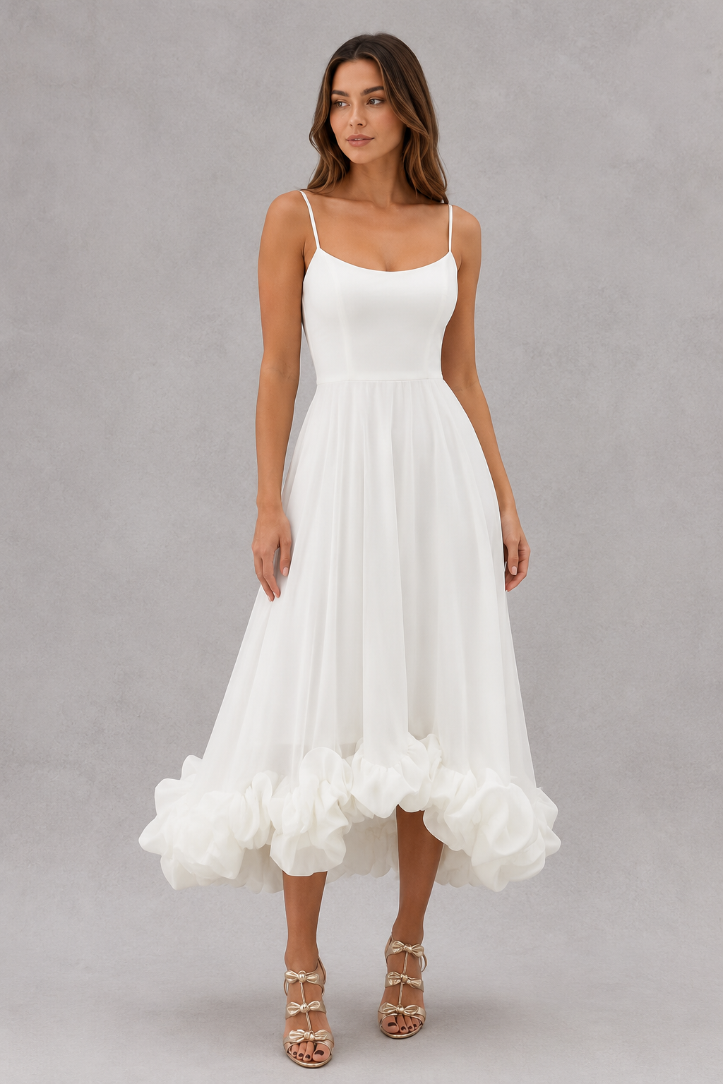 Women's flowing midi dress with a defined waist, lightweight breathable fabric, and graceful skirt silhouette, ideal for everyday wear, events, and special occasions.