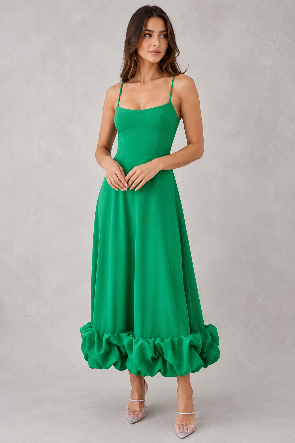 Women's flowing midi dress with a defined waist, lightweight breathable fabric, and graceful skirt silhouette, ideal for everyday wear, events, and special occasions.