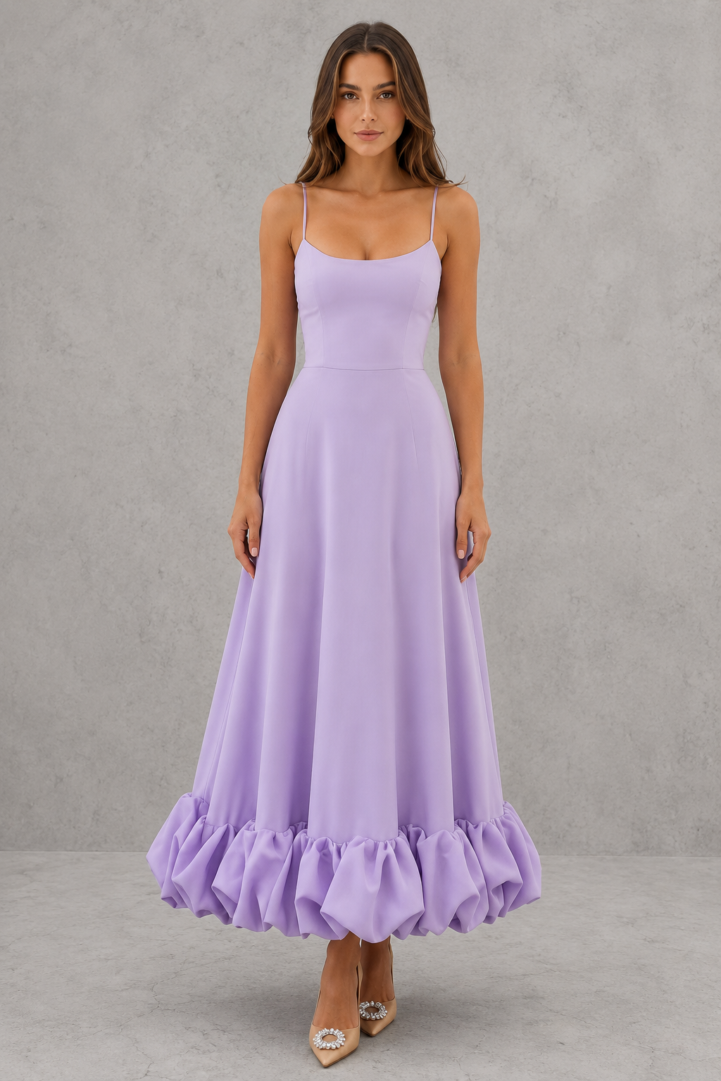 Women's flowing midi dress with a defined waist, lightweight breathable fabric, and graceful skirt silhouette, ideal for everyday wear, events, and special occasions.