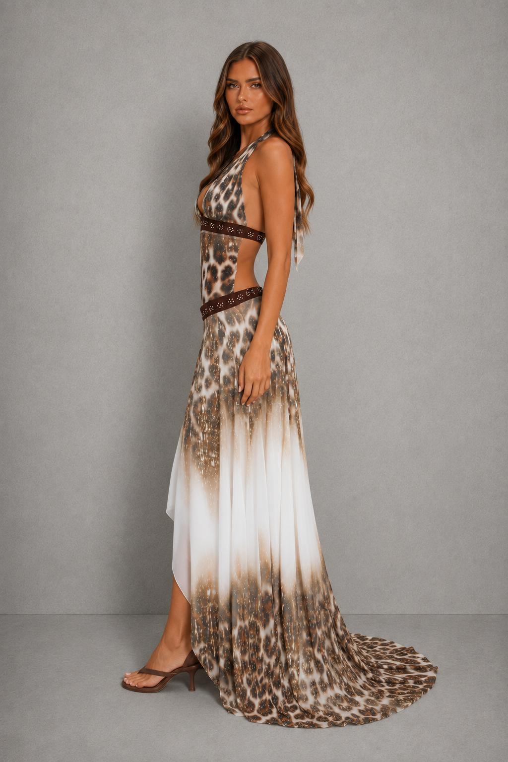 Womenโs halter backless maxi dress with plunging neckline, beaded waist detailing, fitted silhouette, and flowing waterfall hem.