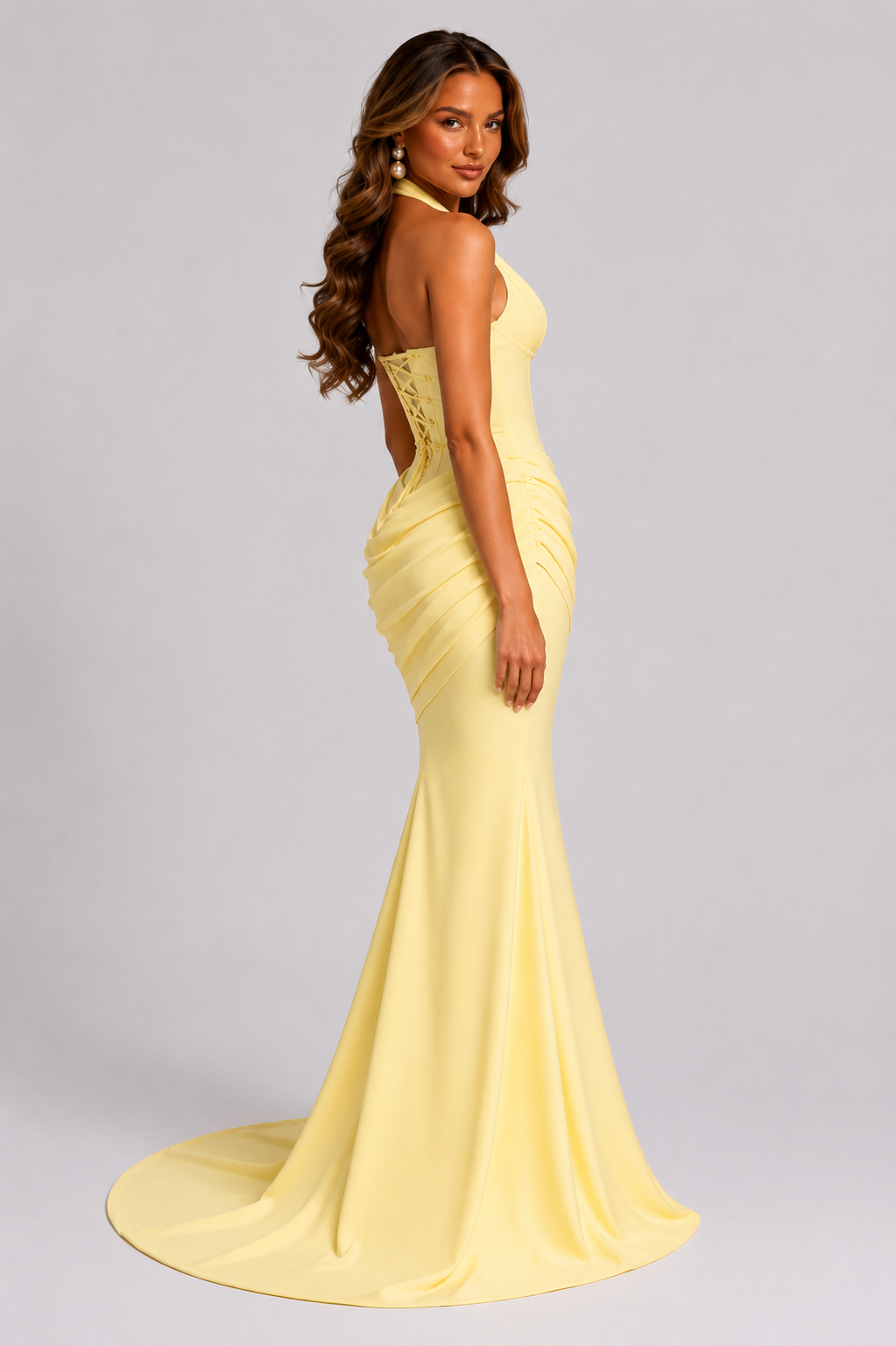 Women’s Halter Corset Gown with Draped Skirt Detail - Sculpted Elegant Silhouette