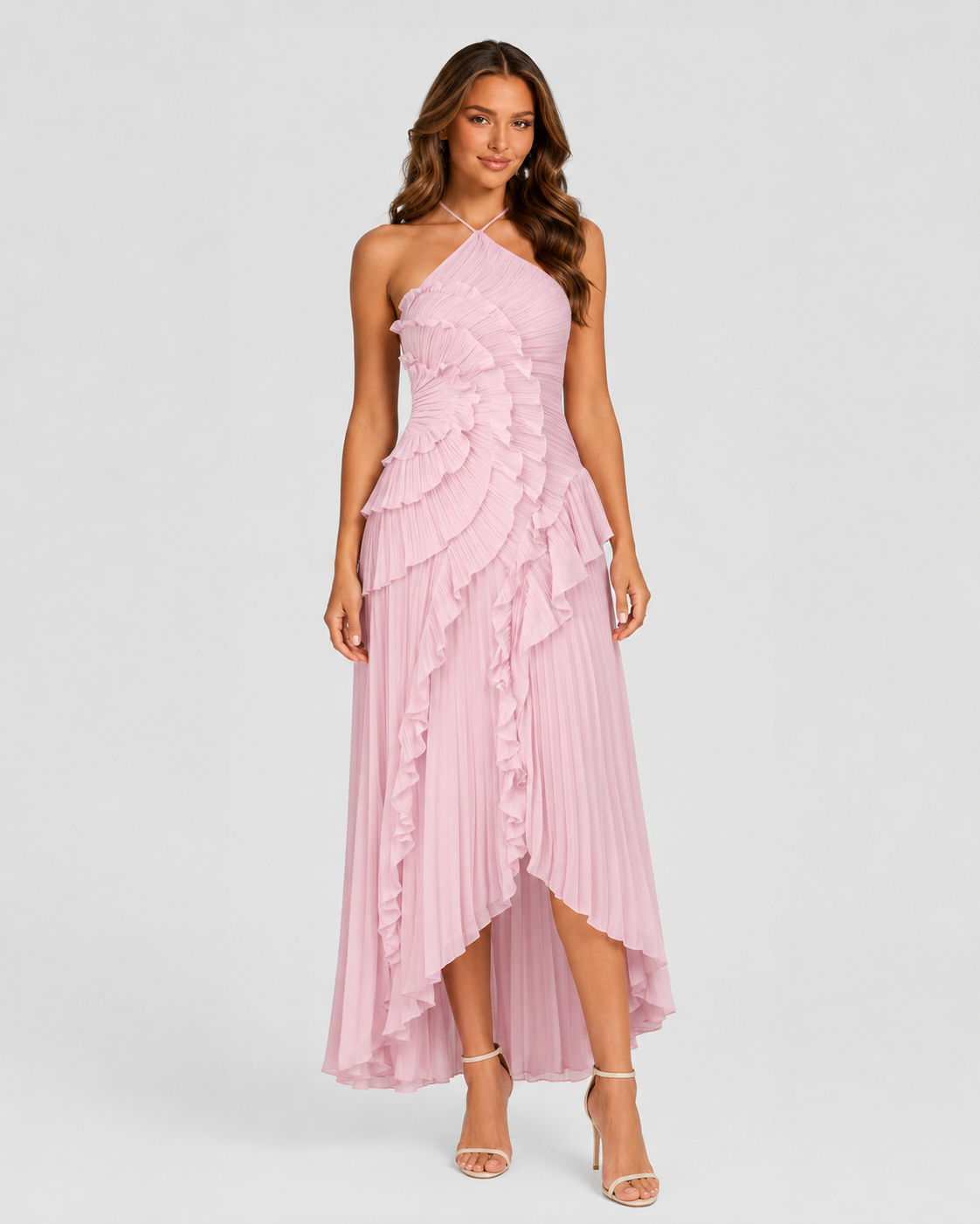 Women's halter neck maxi dress featuring layered cascading ruffles, a gathered pleated bodice, elegant open-back design, and flowing asymmetric hem for formal occasions and evening events.