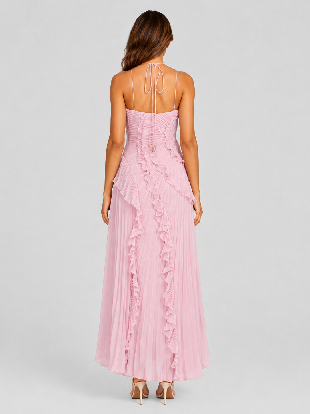 Women's halter neck maxi dress featuring layered cascading ruffles, a gathered pleated bodice, elegant open-back design, and flowing asymmetric hem for formal occasions and evening events.