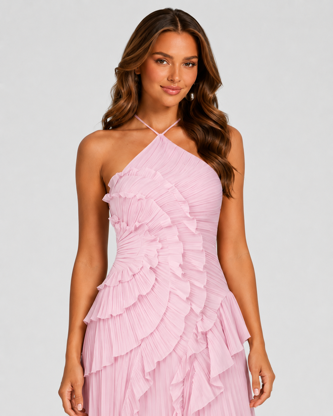 Women's halter neck maxi dress featuring layered cascading ruffles, a gathered pleated bodice, elegant open-back design, and flowing asymmetric hem for formal occasions and evening events.