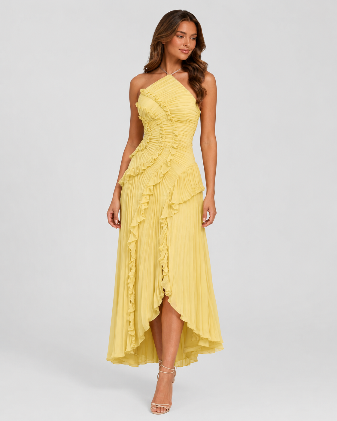 Women's halter neck maxi dress featuring layered cascading ruffles, a gathered pleated bodice, elegant open-back design, and flowing asymmetric hem for formal occasions and evening events.