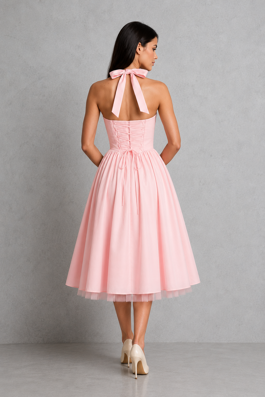 Women's halter midi dress with a square neckline, fitted princess seam bodice, adjustable lace-up back, and a full gathered midi skirt with soft volume, designed for weddings, formal events, and special occasions.