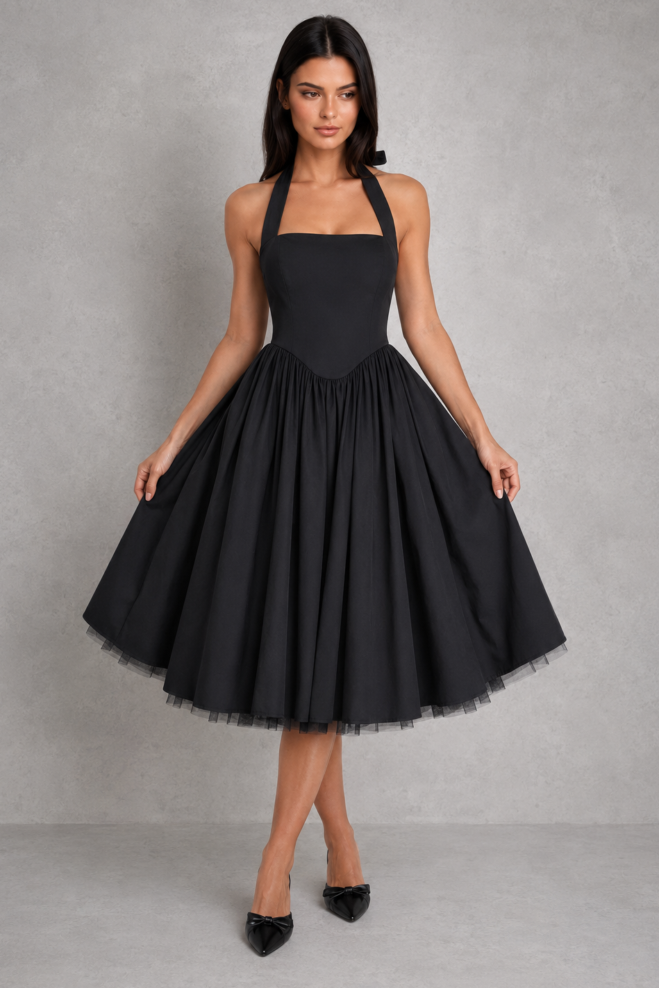 Women's halter midi dress with a square neckline, fitted princess seam bodice, adjustable lace-up back, and a full gathered midi skirt with soft volume, designed for weddings, formal events, and special occasions.