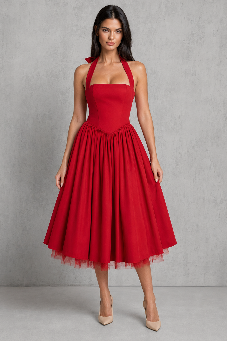 Women's halter midi dress with a square neckline, fitted princess seam bodice, adjustable lace-up back, and a full gathered midi skirt with soft volume, designed for weddings, formal events, and special occasions.