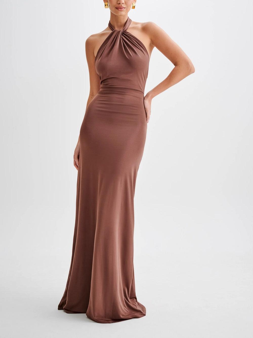 Women’s halter neck bodycon maxi dress with twist neckline