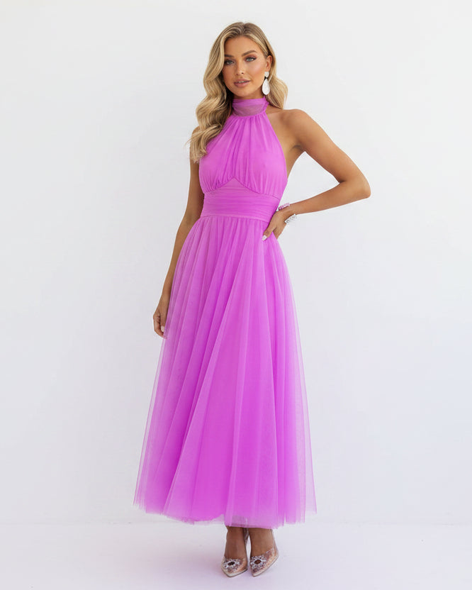 Women’s halter neck maxi dress with tulle skirt and covered back