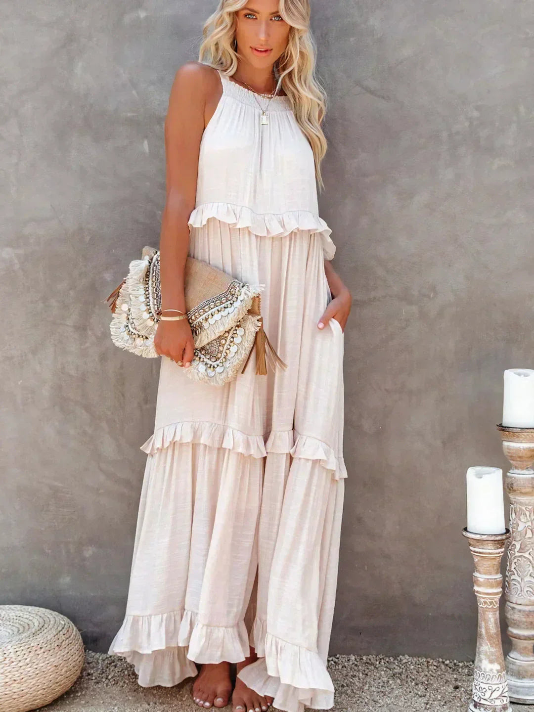Women’s halterneck ruffle maxi dress with pockets and flowing silhouette